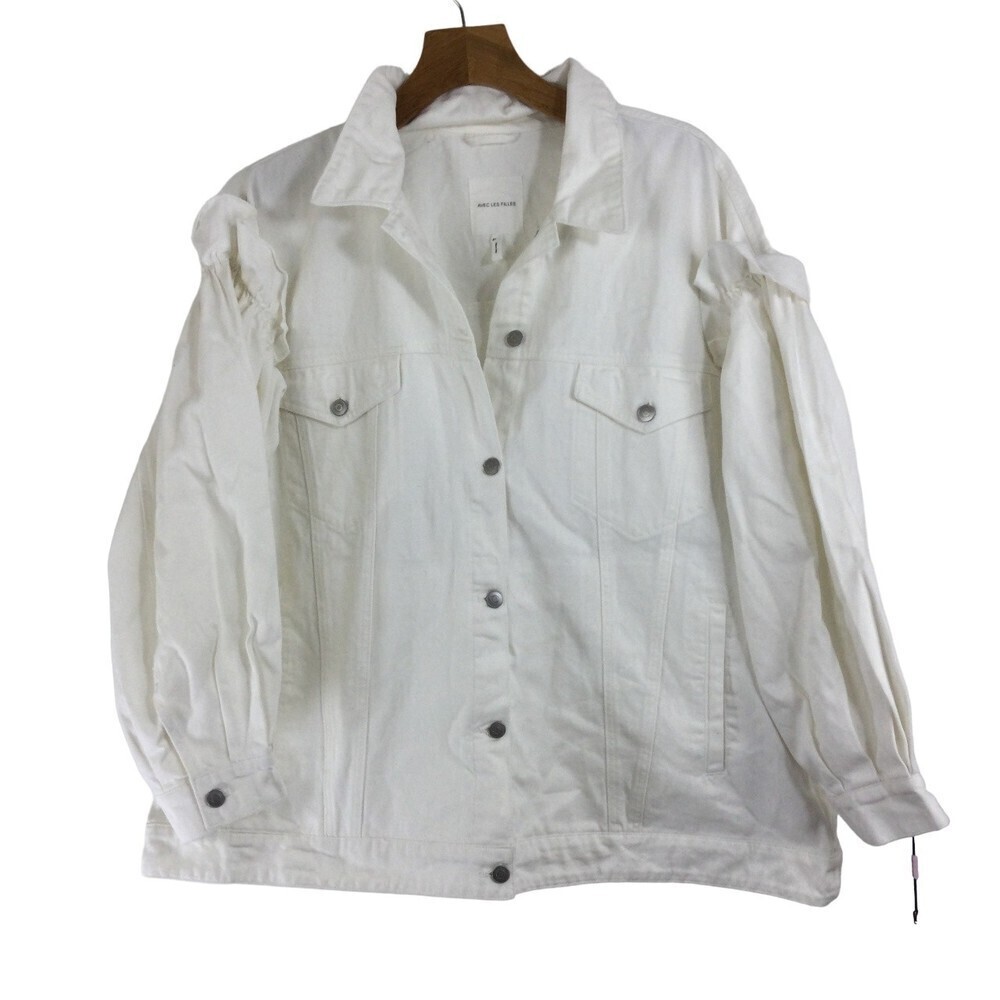 Avec Les Filles Ruffled Puff Sleeve Denim Jean Jacket White 2X NWT